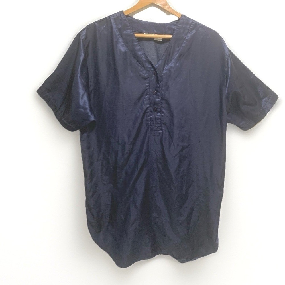 Natalie Robyn‎ Lingerie Sleep Shirt Medium Navy Blue Satin Button Front Placket